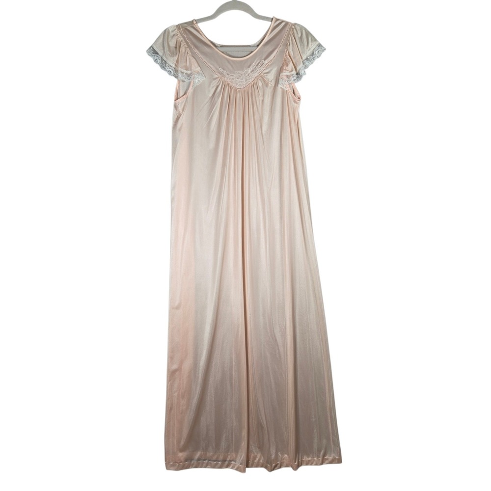 Vtg Dixie Belle Nightgown Small Peach Lace Trim Flutter Sleeve Maxi 80s USA Made